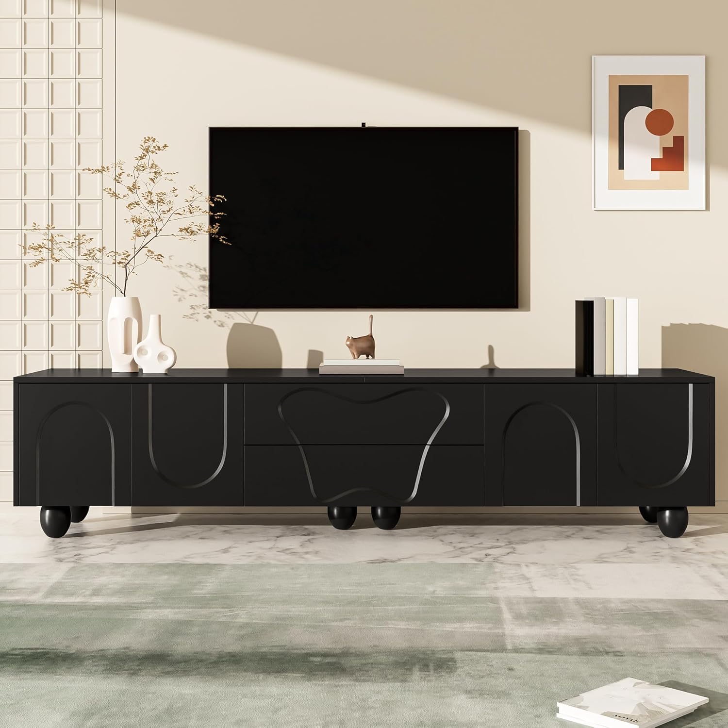 Merax TV-Schrank 180x40x42 cm, mit Holzbeinen, Moderner Fernsehtisch mit großem Stauraum, Schubladen und offenen Fächern, für Wohnzimmer, Schwarz