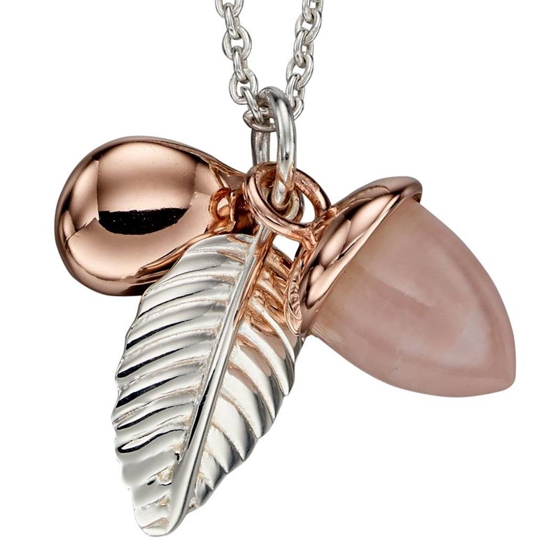Collier noisette quartz rose et feuille plaqué or rose en argent 925/1000