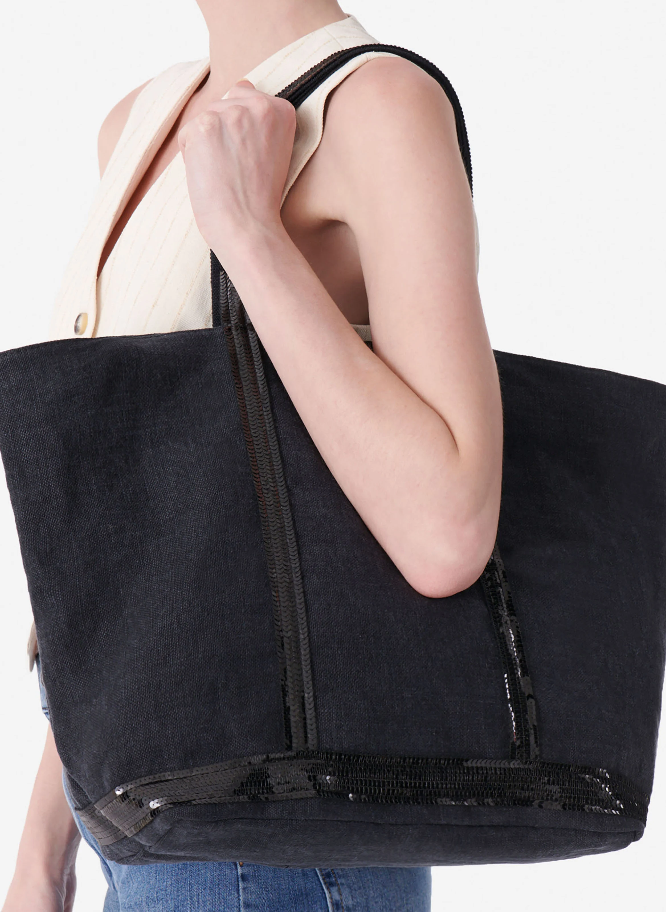 Cabas L brodé avec sequins en lin | Noir