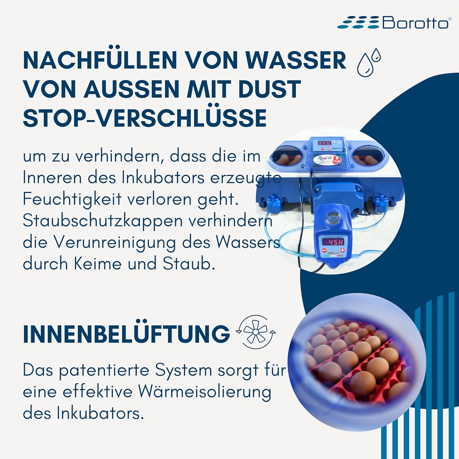 Borotto Real 49 Plus Expert | Brutautomat Vollautomatisch Professionelle für 49 oder 196 Kleine Eier mit Automatische Eierwender, Antibakterielles System, Luftbefeuchter Sirio | Hergestellt in Italien