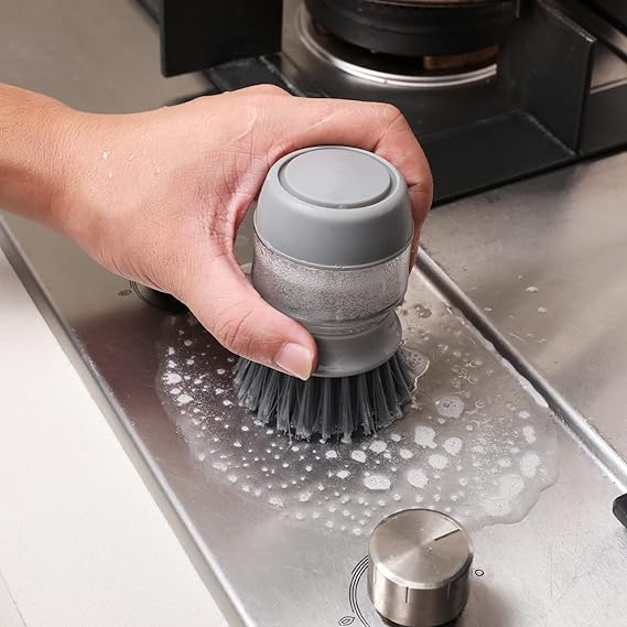 (100ml) 2in1 Abwasch Bürste mit Spülmittel Spender Seifen Dispenser Reinigungs Pinsel inkl. Halterung - Grau