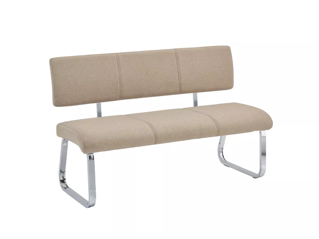 Banc design VILAS siège avec 3 places, banquette au piètement chromé et dossier au revêtement en tissu beige