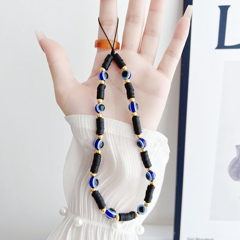 (21cm) Universal Handy Kette Phone Charms Schmuck Anhänger Handgelenkschlaufe mit Nazar Auge - Schwarze Steine