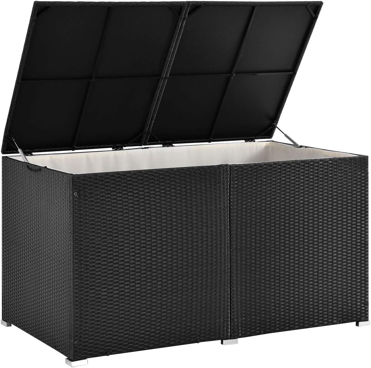Juskys Polyrattan Auflagenbox Ikaria 950 L inkl. Deckel mit Hubautomatik & Innenplane - Kissenbox 145 x 82 x 79 cm für Garten - Gartenbox schwarz
