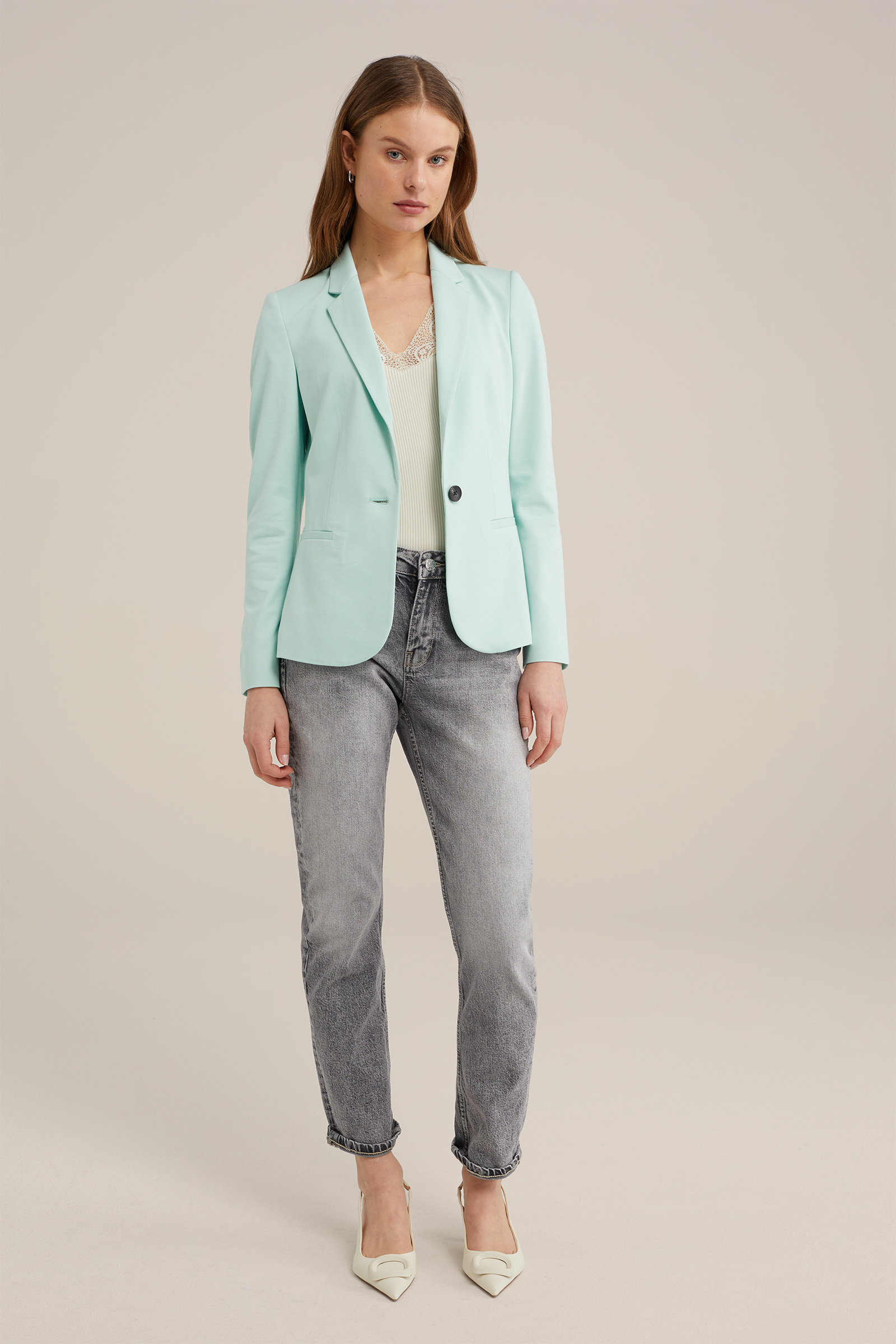 getailleerde jersey-stretch blazer WE Fashion Pastelgroen