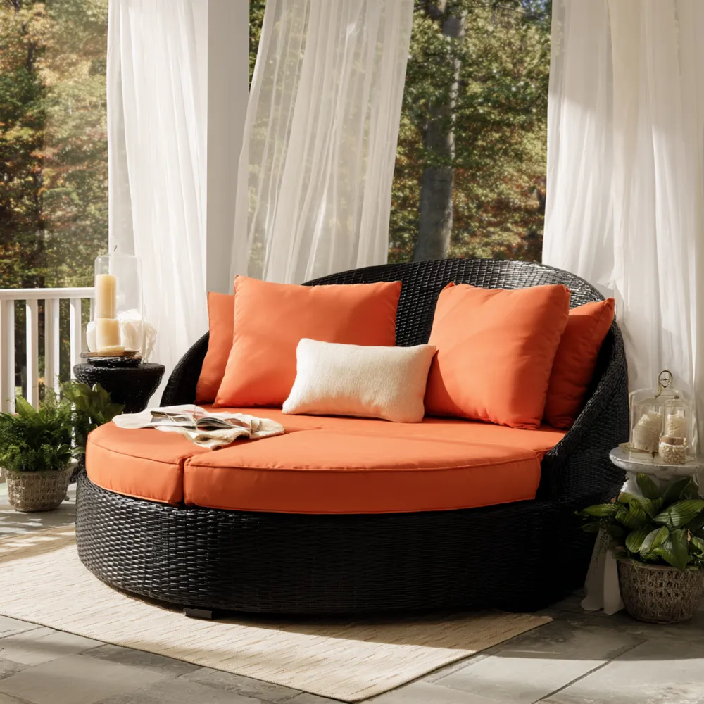 Gartenliege Rattan Rund 150x150x75 cm - Schwarz/Orange - Modernes Desi