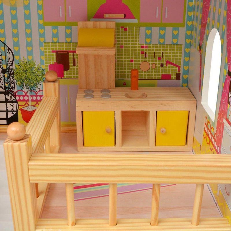 Poppenhuis - Meerkleurig - MDF en Grenenhout - Inclusief 18 Miniatuur Meubels