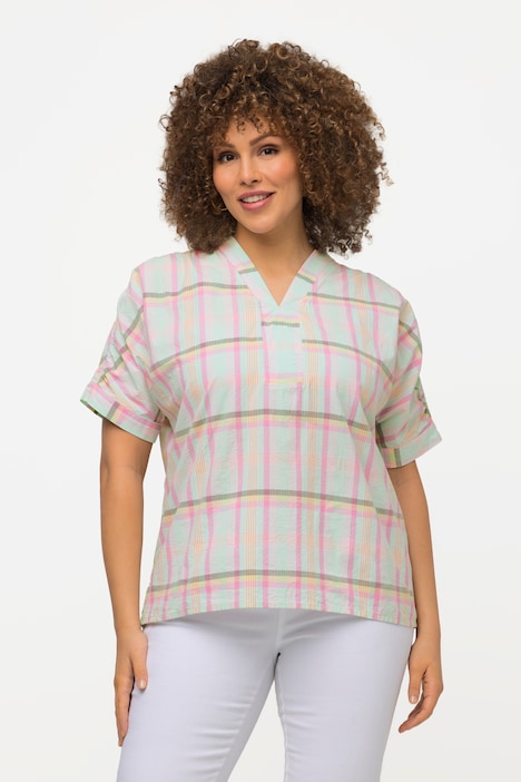 Bluse, Karomuster, Oversized, V-Ausschnitt, Halbarm