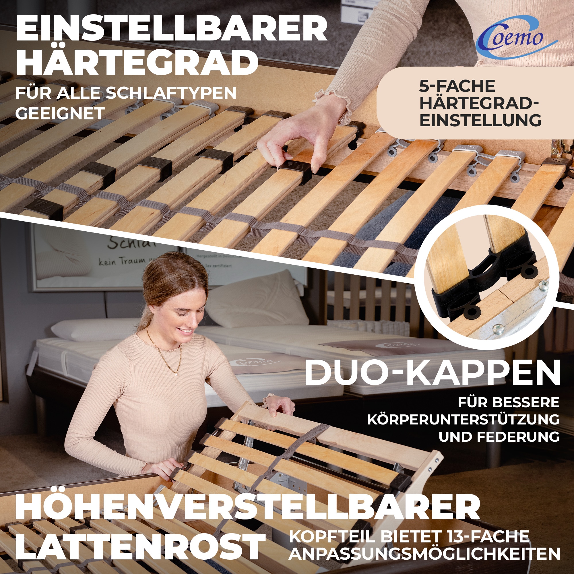 Coemo 7-Zonen Lattenrost ERGO K 120x210 verstellbar Kopfteil Härtegrad verstellbar 30 Leisten