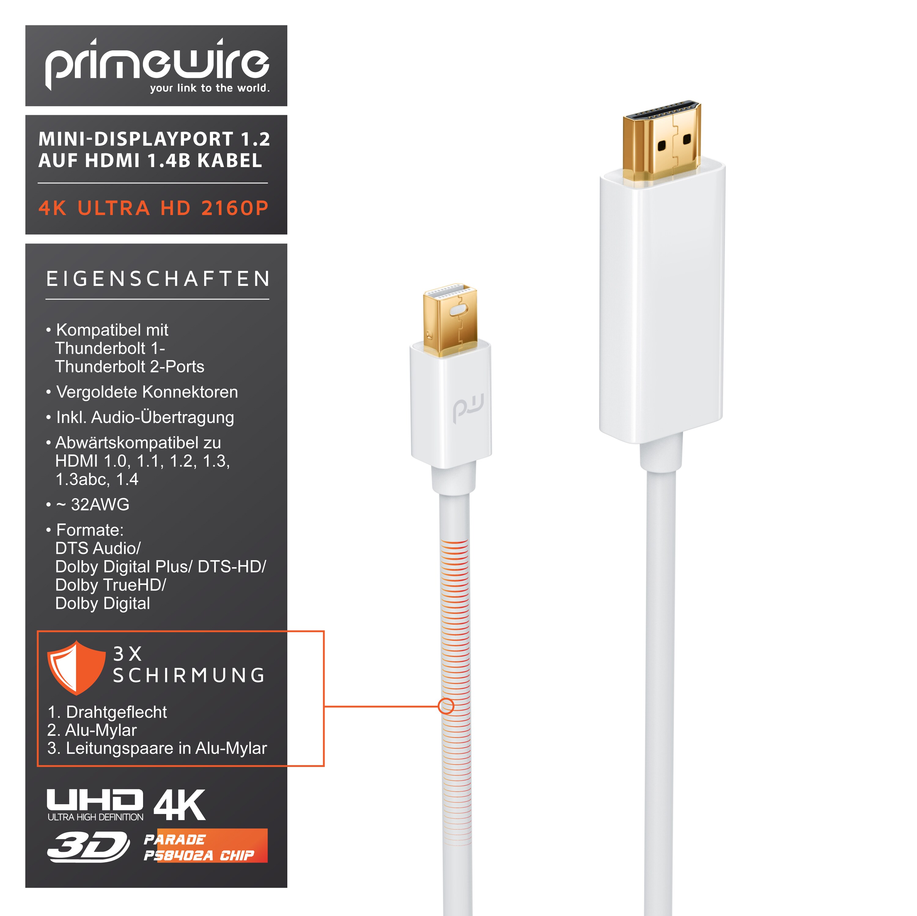 Primewire Mini DisplayPort zu HDMI Typ A Audio- & Video-Kabel, 4K miniDPUHD 2160p Adapter / Konverterkabel - 2m