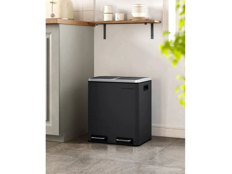 Songmics Abfalleimer 30 l, Schwarz Treteimer mit zwei Fächern