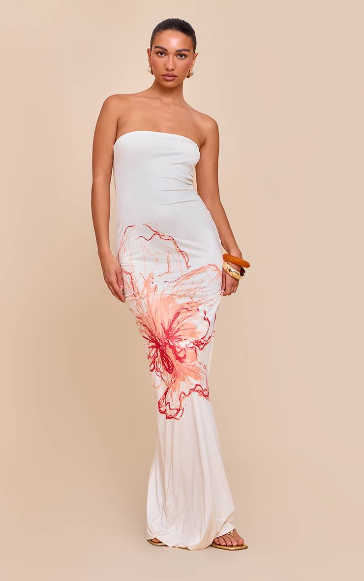 Cream Floral Robe Maxi À Bandeau Imprimée