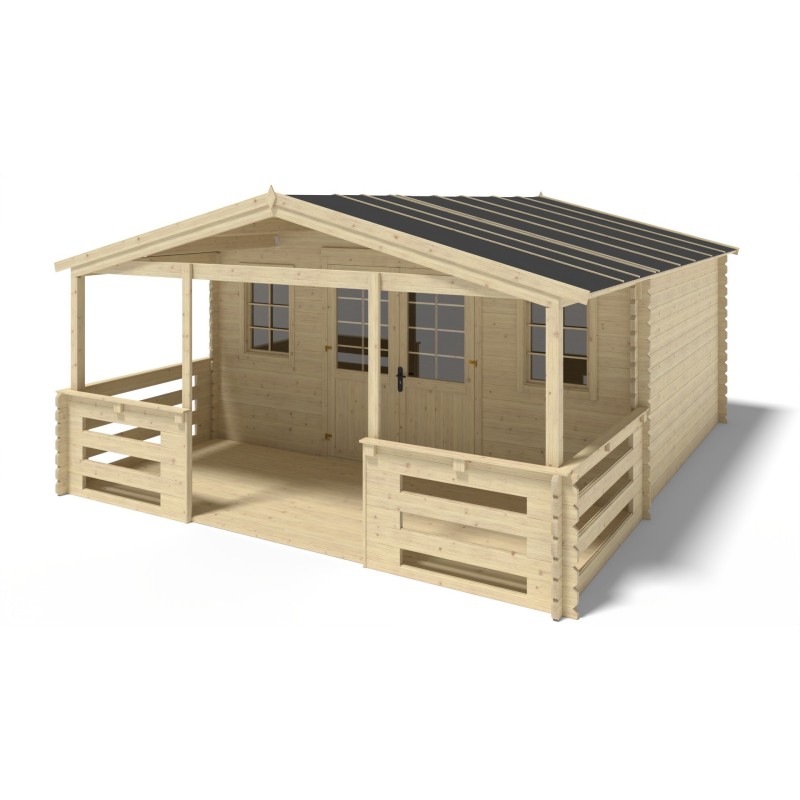 Abri de jardin en bois - 5x4 m - 30 m2 + terrasse avec balustrade et avant-toit en bois