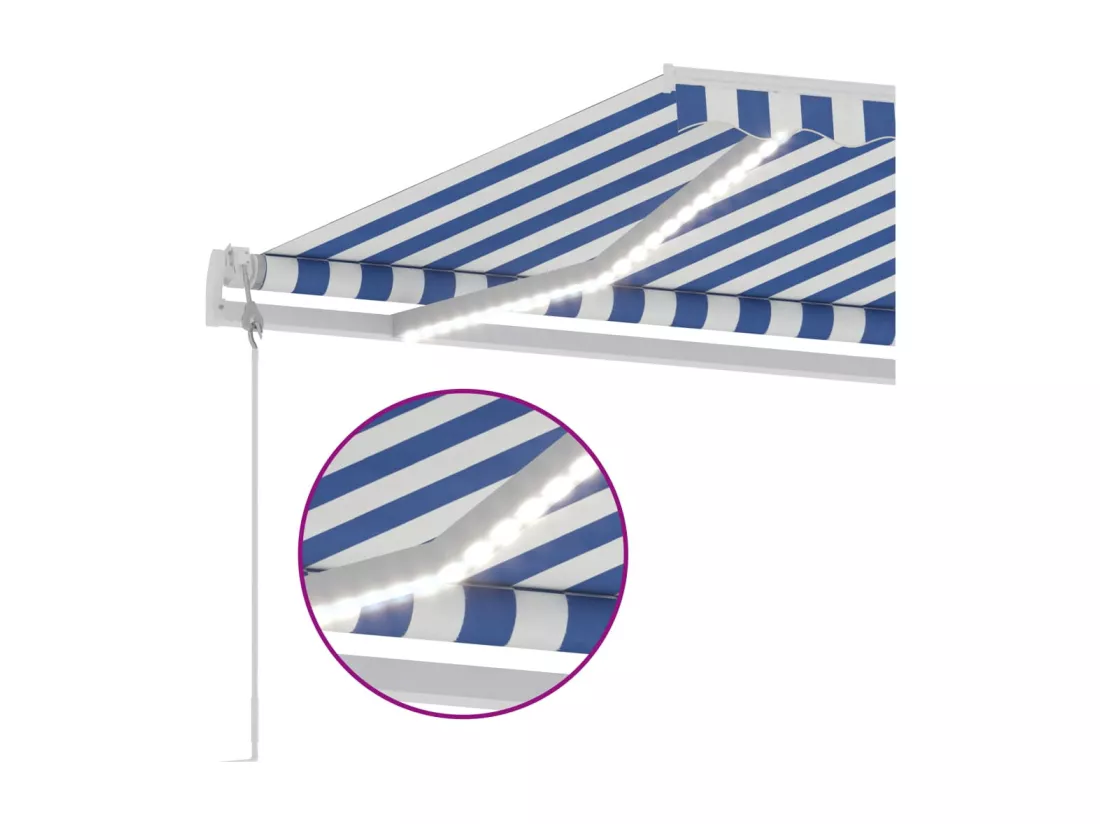 Auvent automatique capteur de vent/LED 300x250 cm Bleu et blanc