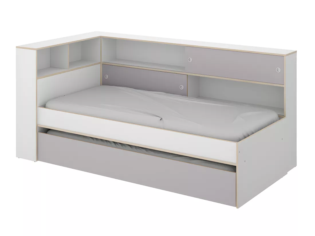 Lit gigogne avec rangements - 90 x 200 et 90 x 190 cm - Blanc et gris + Sommier - LOSIANA