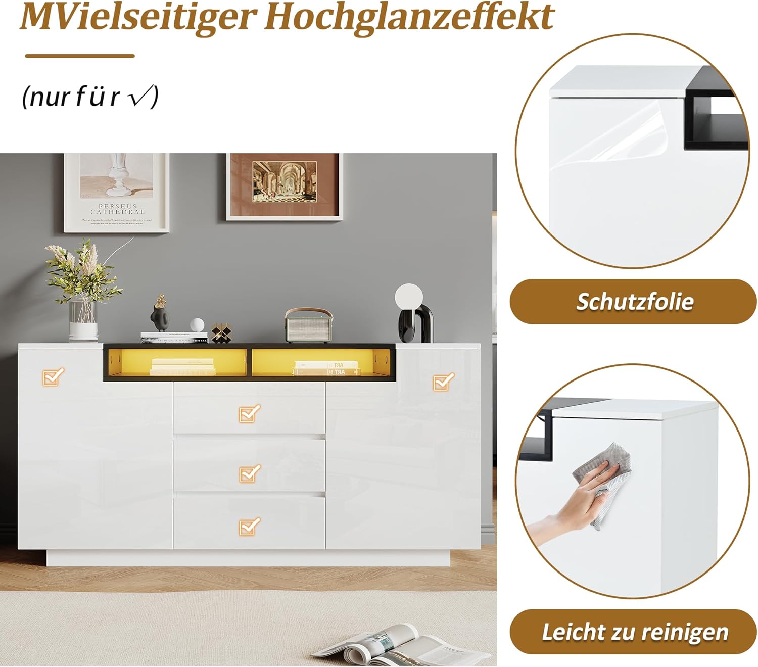 ModernLuxe LED Sideboard Hochglanz Kommode 140x40x68cm,3 Schubladen und 2 L-Türen, Wohnzimmer Sideboard Weiß Schwarz mit Verstellbaren Regalen
