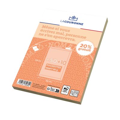 La Couronne - 60 Pochettes (dont 20% gratuit) - C5 162 x 229 mm - 90 gr - sans fenêtre - brun - bande auto-adhésive