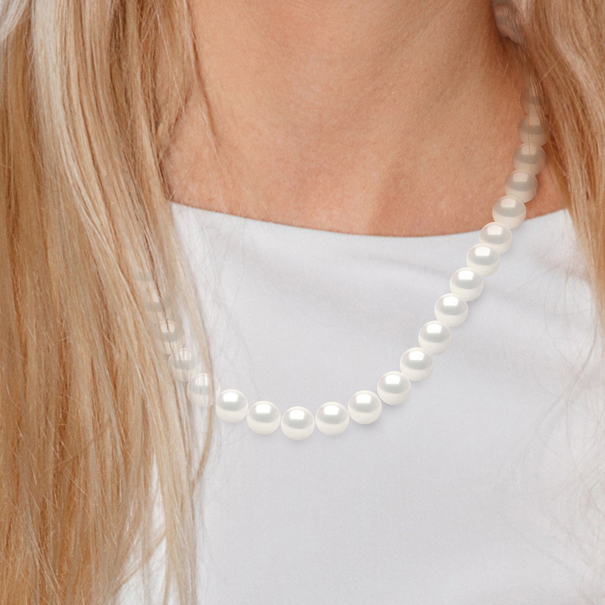 Collier - Rang Véritables Perles de Culture d'Eau Douce Rondes 12-13 mm - Blanc Naturel - Or Jaune