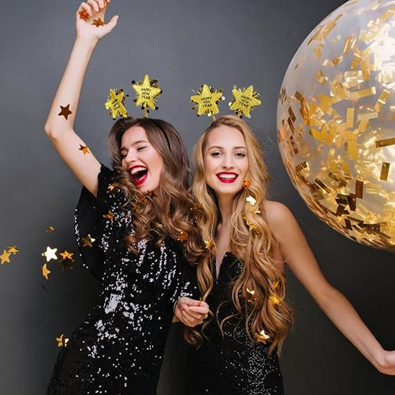 (2er Set) Happy New Year Haarreif Silvester Party Accessoire Glitzer Haar Schmuck Stern Design - Silber / Gold / Schwarz