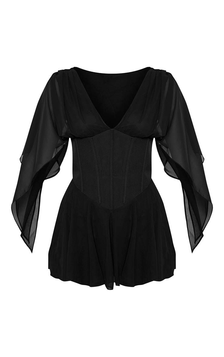 Noir Robe Mini À Taille Corset Avec Manches Drapées En Mousseline Et Godets - Petite