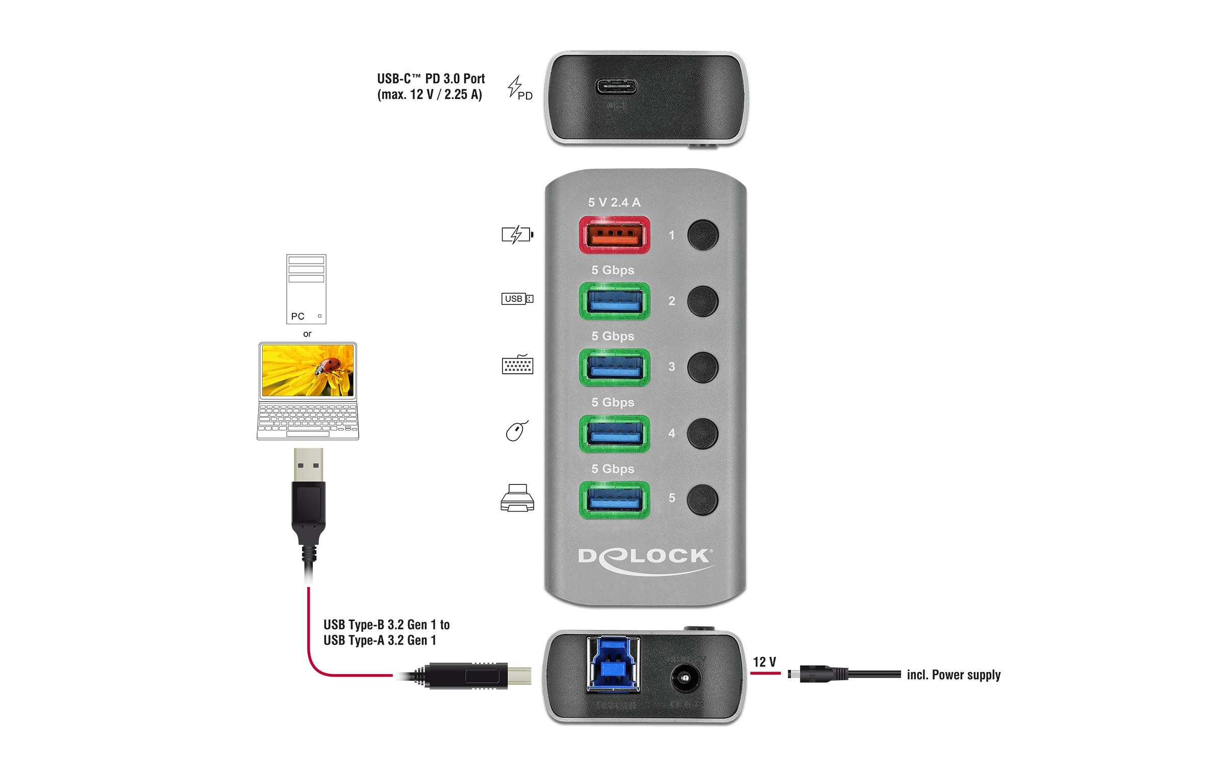 USB-Hub 63263 USB 3.0 - 4x USB-A / 2x LadeanschlussUSB-Hub mit einzeln aktivierbaren Anschlüssen