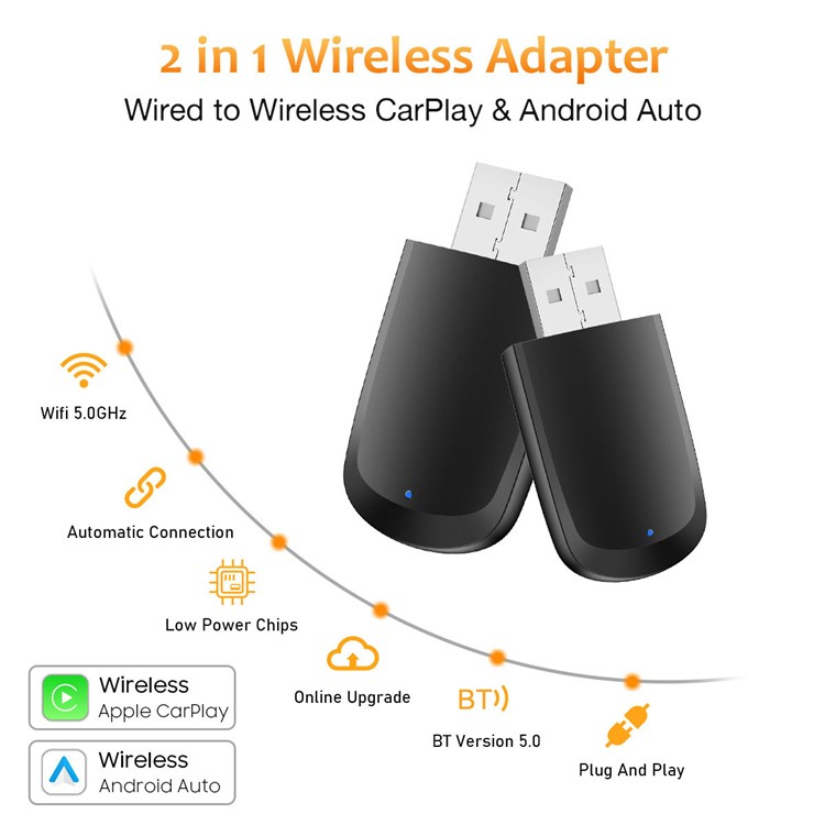 Wireless Bluetooth Android Auto / Apple Carplay KFZ USB A / USB C Adapter für Android / iOS Smartphones (Google Assistant / Siri) - Schwarz