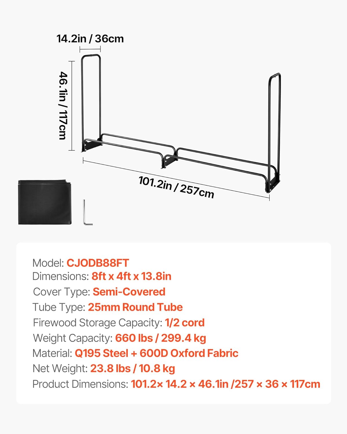VEVOR Metall Kaminholzregal, 257x36x117 cm Brennholzregal, Kaminholzunterstand aus Metall, max. Tragkraft 300 kg, Feuerholzregal, Kaminholzlager, Stapelhilfe für Veranden, Terrassen, Gärten