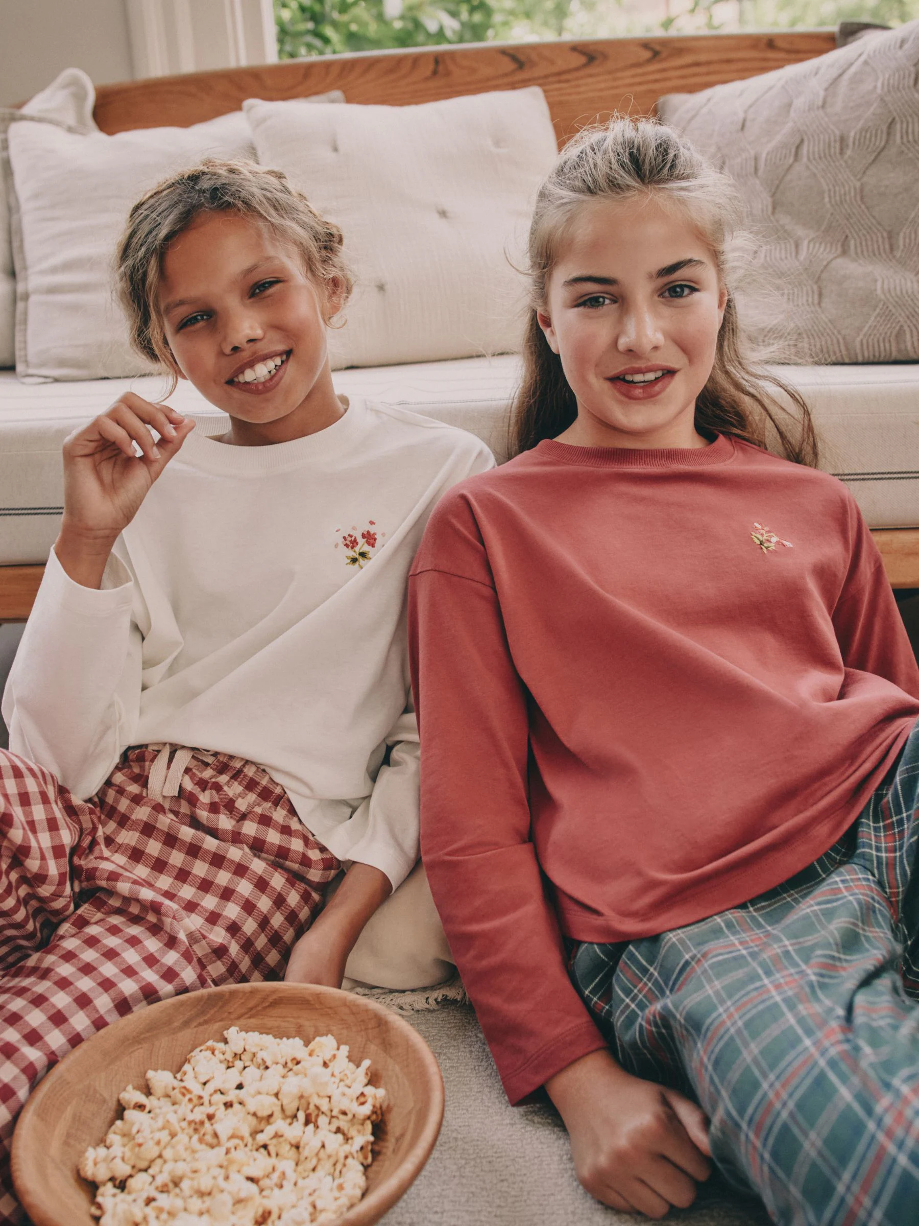 Rood/groen - Set van 2 ruit pyjama's met geweven onderkant (3-16jr)