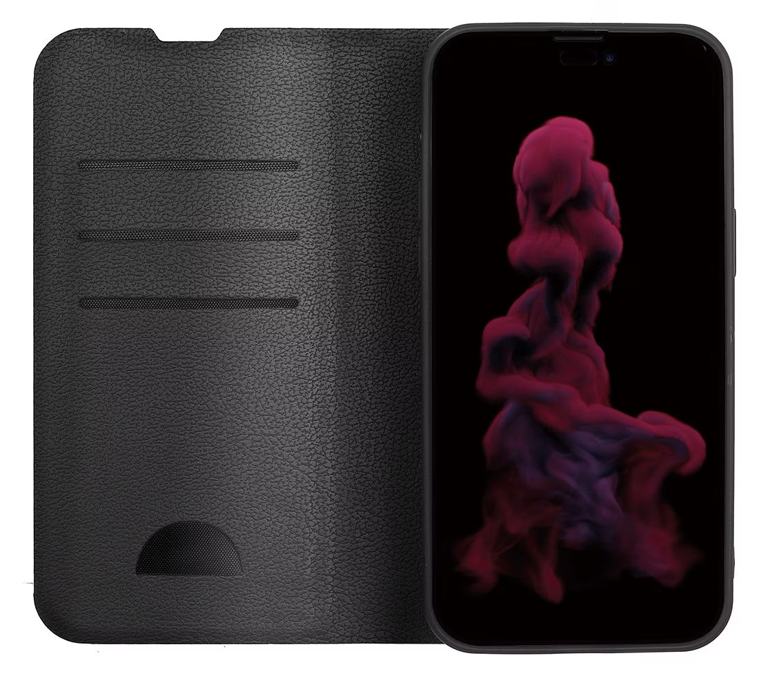 iPhone 14 Pro Leder Tasche Flip Wallet Etui mit Kartenfächern RFID Schutz (63469) - Schwarz