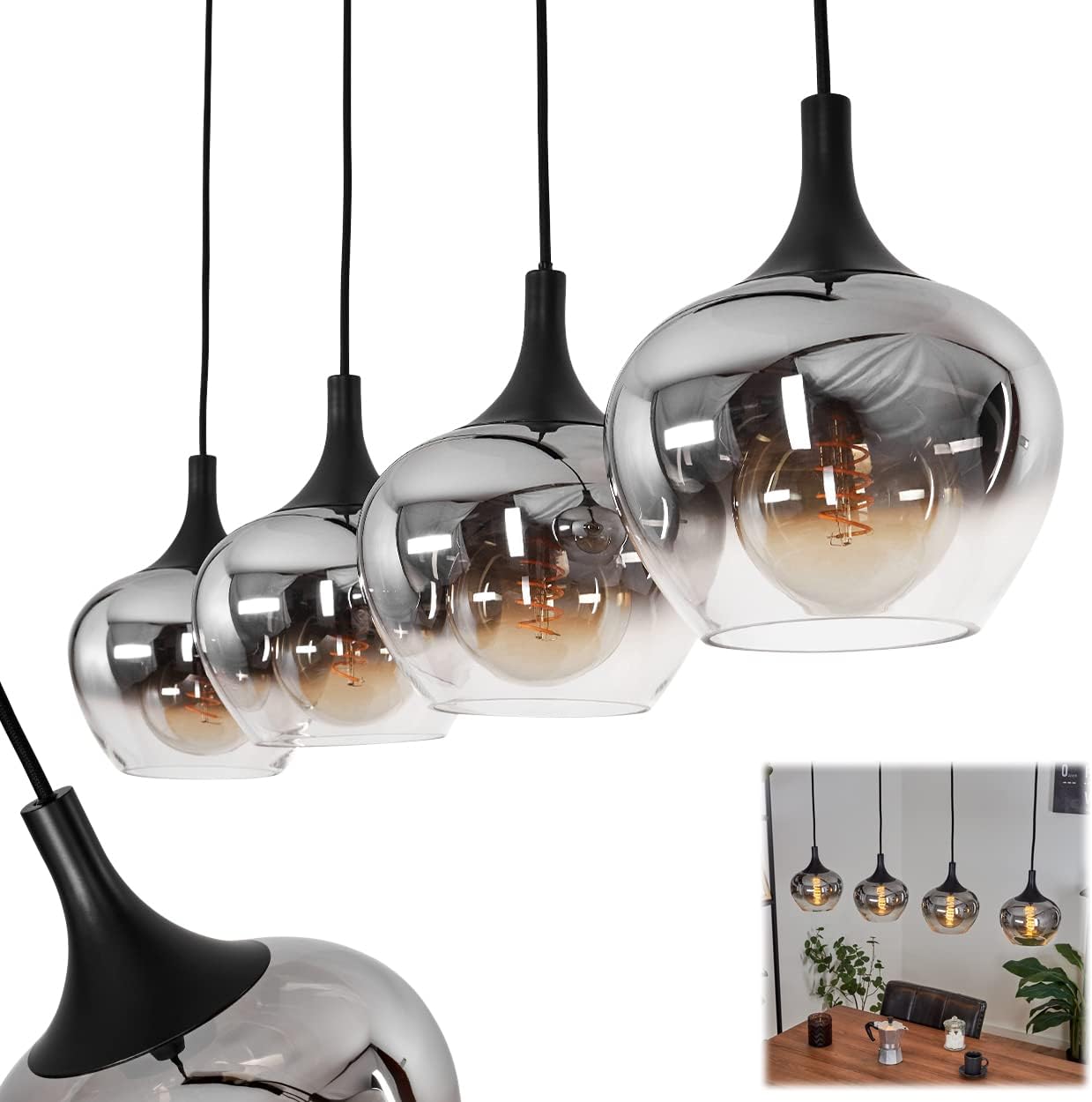 Hängeleuchte Azurara, Hängelampe aus Metall/Glas in Schwarz/Rauchfarben, Leuchte 4-flammig im Vintage/Retro Design mit Schirmen aus Glas (Ø19,5cm), Höhe max. 121cm, 4x E27 max. 40W, ohne Leuchtmittel