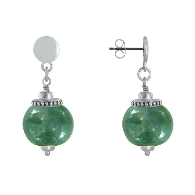 Boucles d'Oreilles Clous Métal Argenté et Grosses Perles en Céramique