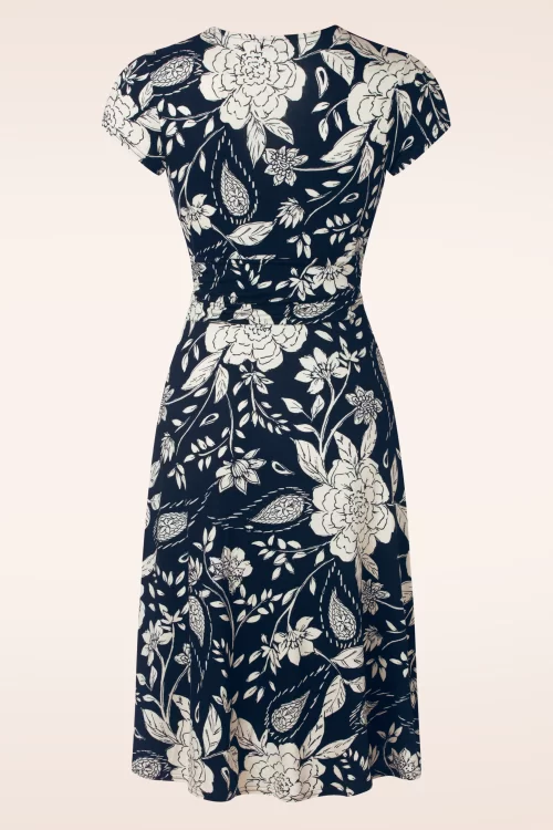 Vintage Chic for Topvintage Suki knotted floral swing jurk in marineblauw en gebroken wit