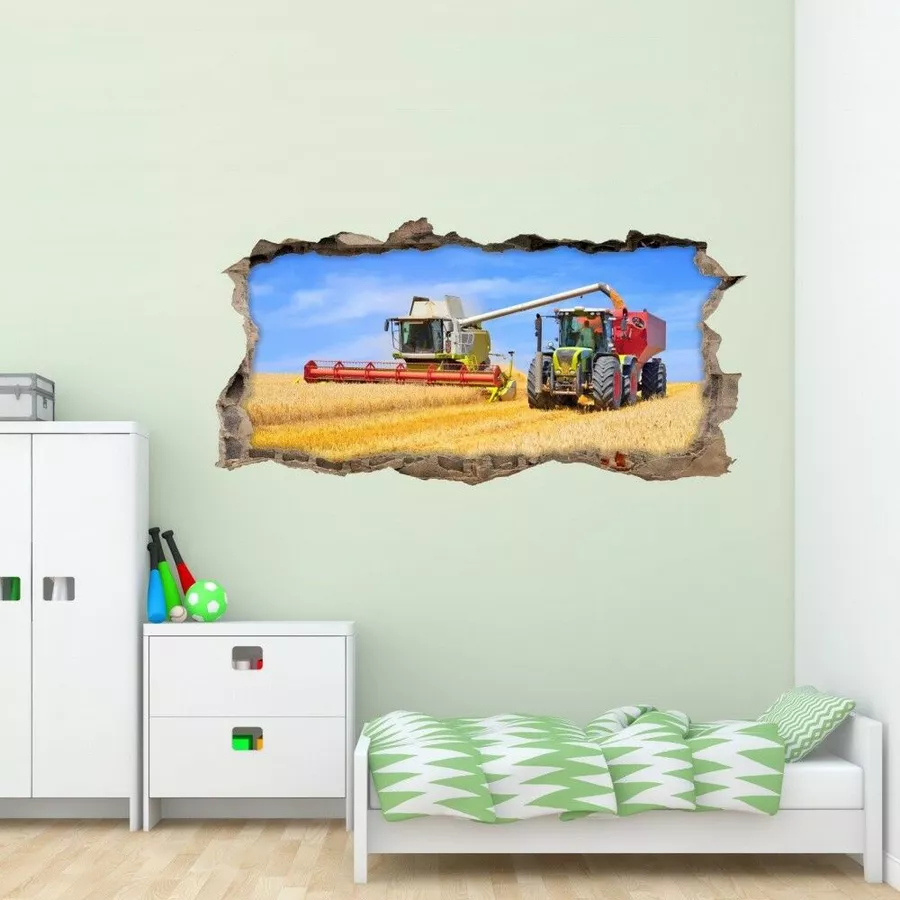Nikima Wandtattoo 134 Wandtattoo Mähdrescher und Traktor - Loch in der Wand bunt