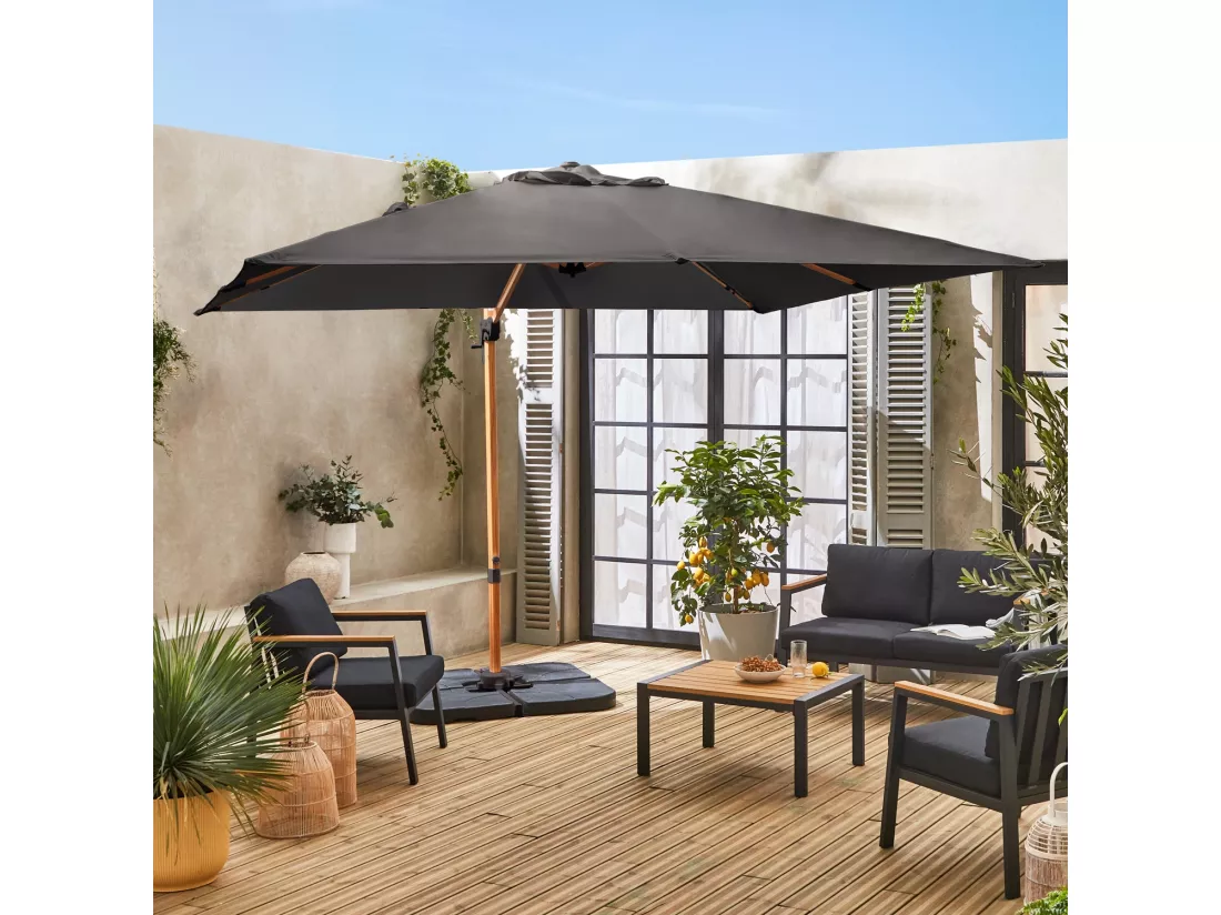 Parasol déporté carré 3x3m haut de gamme - Falgos - Gris- Parasol excentré inclinable. rabattable et rotatif à 360°.