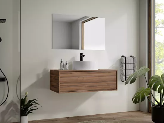 Meuble de salle de bain suspendu coloris naturel foncé avec simple vasque ronde - 94 cm - TEANA II