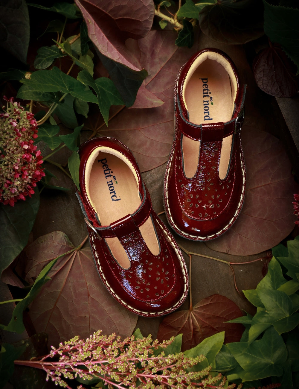 Low T-Bar Flower - Burgundy Patent