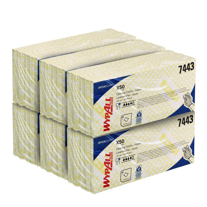 WypAll® X50 Critical Clean™-poetsdoeken met kleurcodes 7443 - gele poetsdoeken - 6 verpakkingen x 50 intergevouwen doeken met kleurcodes (300 in totaal)