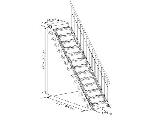 Pertura Theris modulaire trap, geperforeerde plaat, thermisch verzinkt, zonder stootborden, onbehandeld, recht, 88 cm, 1 stootbord