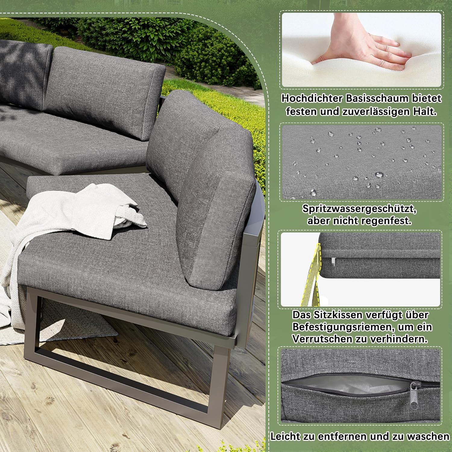 Merax Gartenmöbel Set für 4-6 Personen, Gartenlounge Lounge Set aus Metallrahmen, Balkonmöbel Outdoor Sitzgruppe mit Beistelltisch & Kissen, Elegante runde Sofagarnitur, Wetterfest für Terrasse, Grau