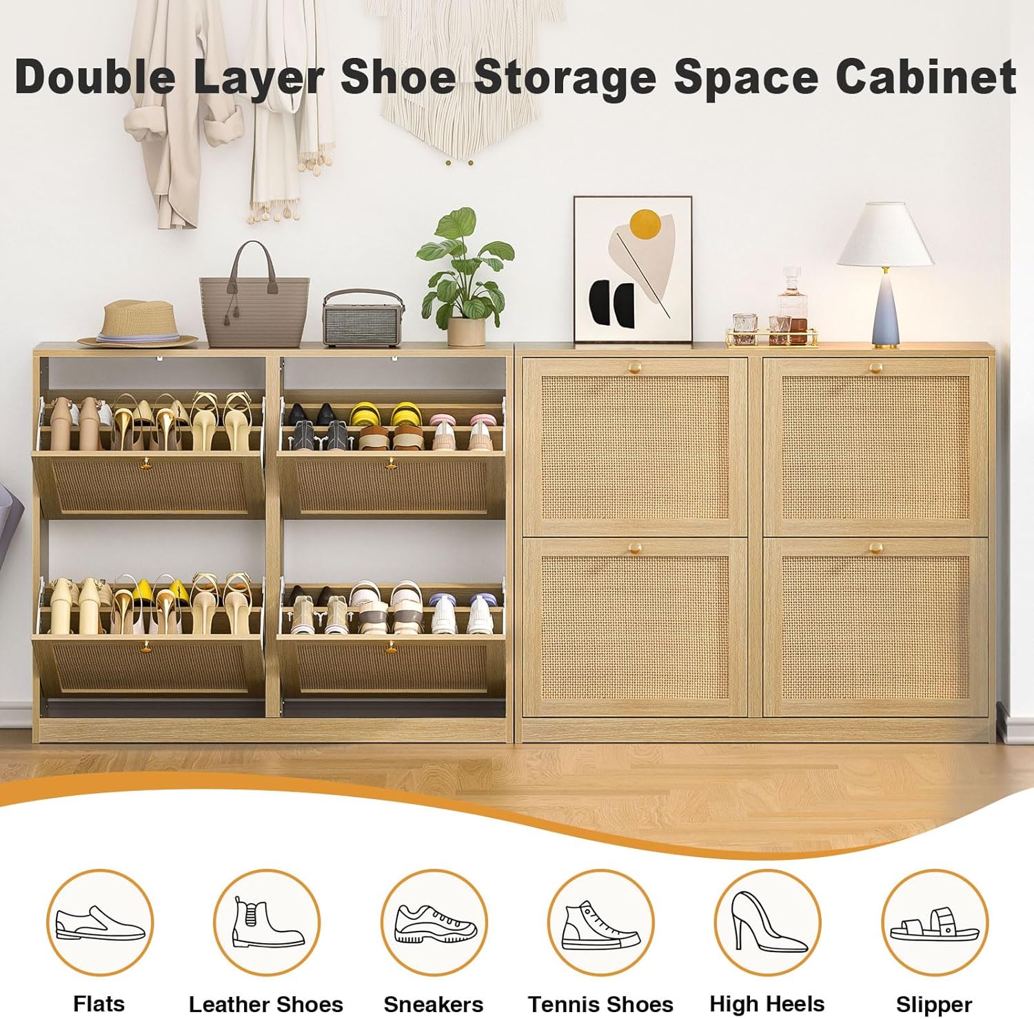 Meuble à Chaussures et Rotin avec 4 Abattants, Armoire à Chaussures pour 16 à 24 Paires avec étagère réglable, Grande Capacité pour Couloir, Entrée, Antidumping,102 x 23 x 84 cm, Chêne YX5193221