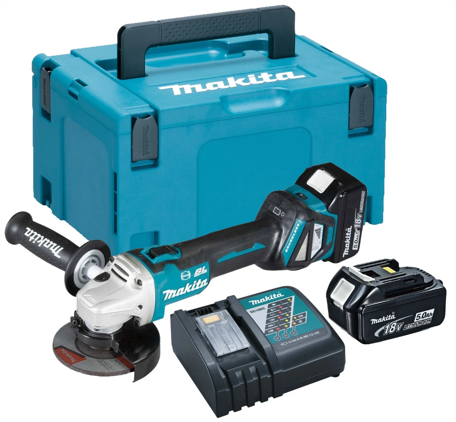 Makita DGA513RTJ 18V Li-Ion accu haakse slijper set (2x 5.0Ah accu) in Mbox - 125mm - koolborstelloos