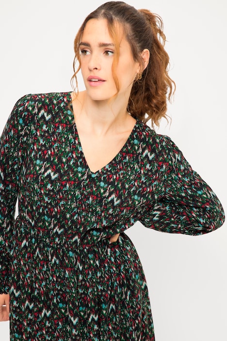 Midikleid, A-Line, Zickzack Print, V-Ausschnitt, elastische Taille, Langarm