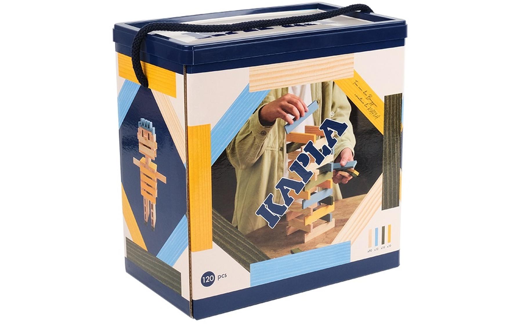 Baukasten 120er Box Hellblau, Gelb, GrünBausteine aus naturbelassenem Pinienholz