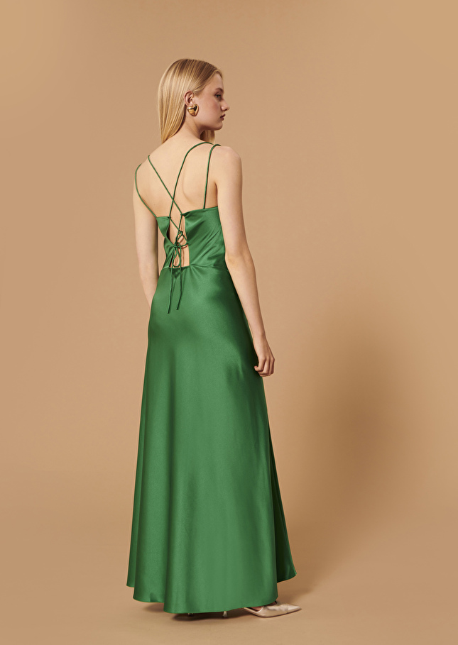 Robe Raellevert émeraude en satin fluide