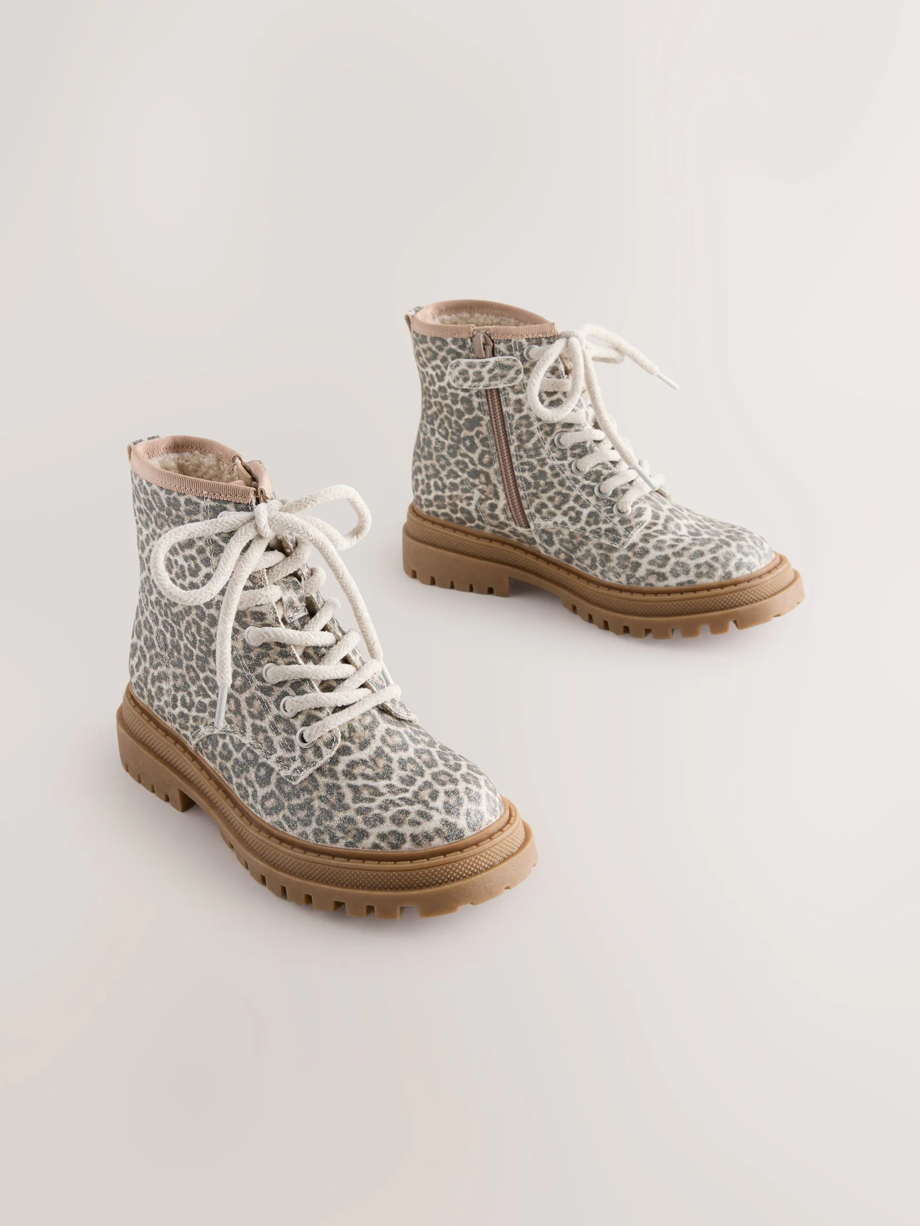 Gedempte Animal print - Warmgevoerde enkellaarzen met veters