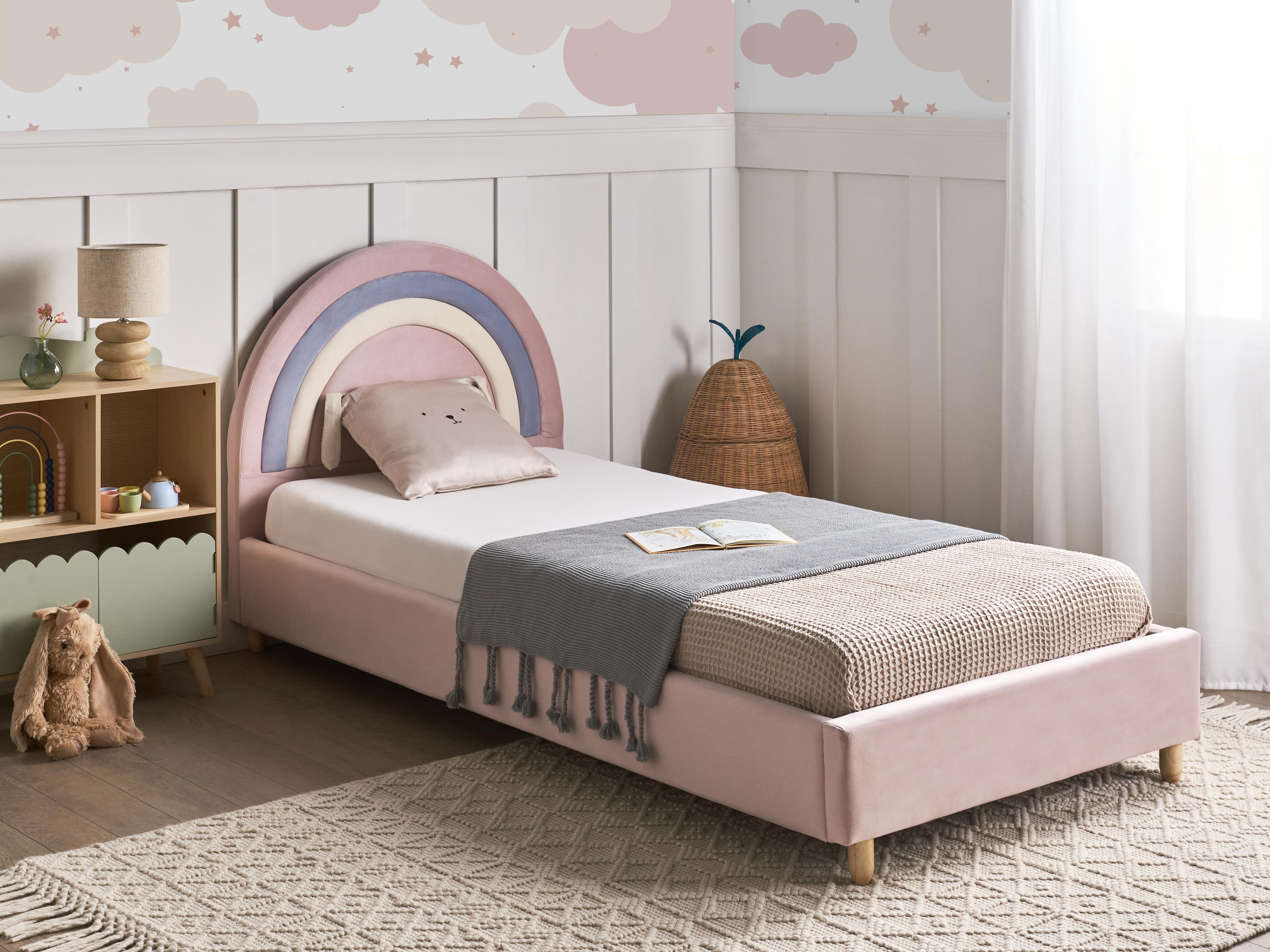 Kinderbed Regenboog Fluweel LANDEILLAU 90 x 200 cm Roze