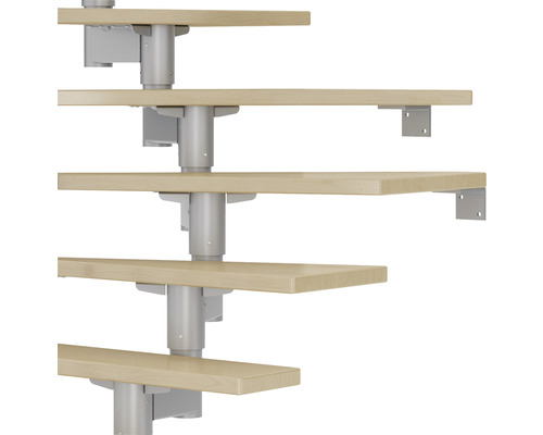 Pertura Chiron middentrap, parelgrijs, kwartslag, links/rechts onder, balustrade van 75 cm, esdoorn gelamineerd hout, gelakt, 11 treden / 12 stootborden