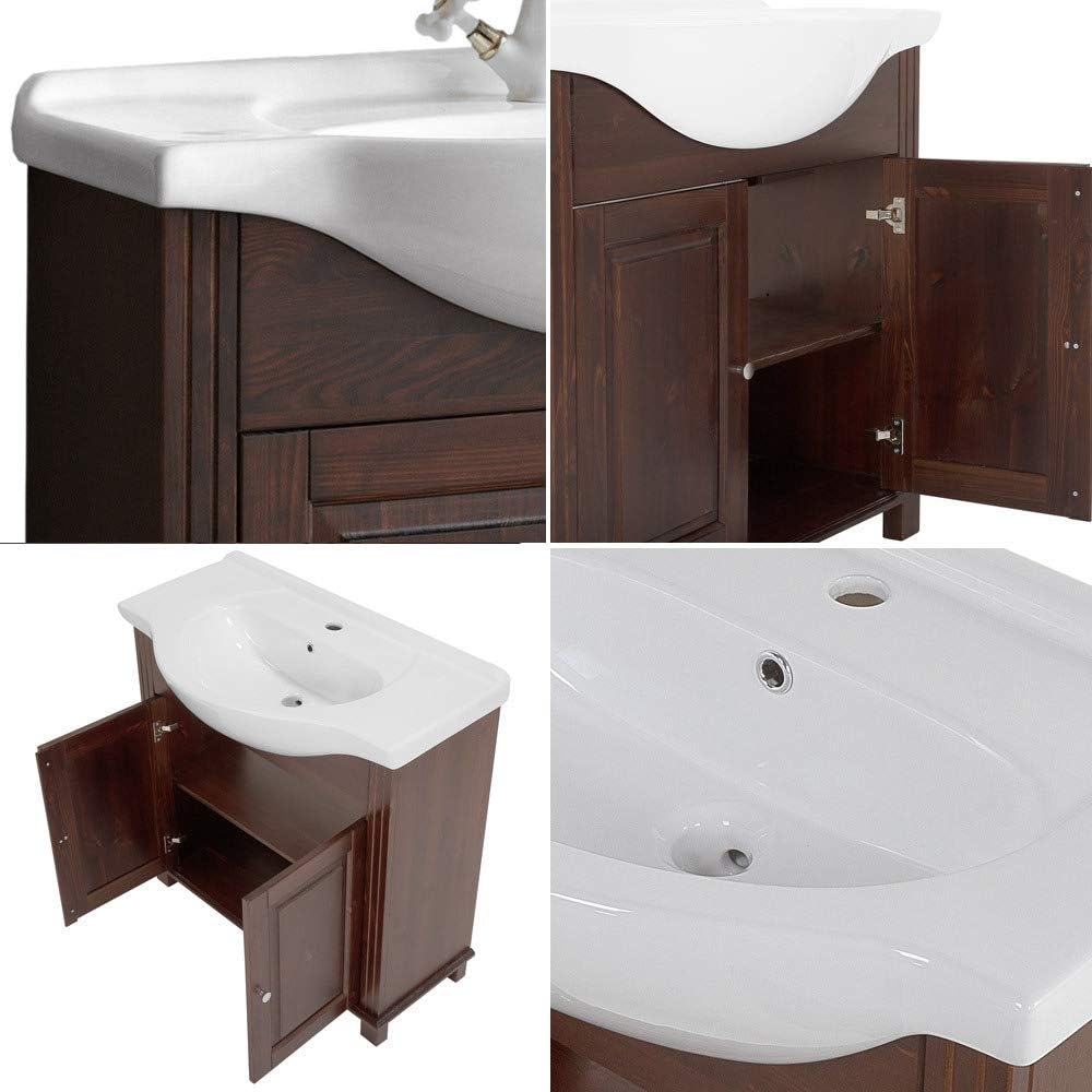 Lomadox Landhaus Badmöbel Komplett Set inkl. 85 cm Keramik-Waschtisch, Pinie Massivholz braun, B/H/T ca. 237/180/49cm