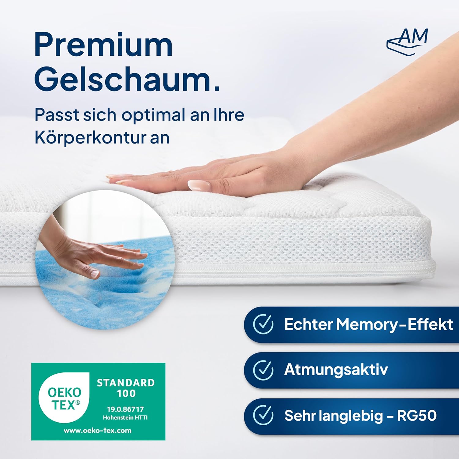 8 cm hoch - Premium Plus Gelschaum-Topper 180x200 cm mit RG 50 - Hochwertiger Lyocell-Bezug - Antirutschfunktion - Umlaufendes Klimaband - Gel-Topper 180 x 200 8cm