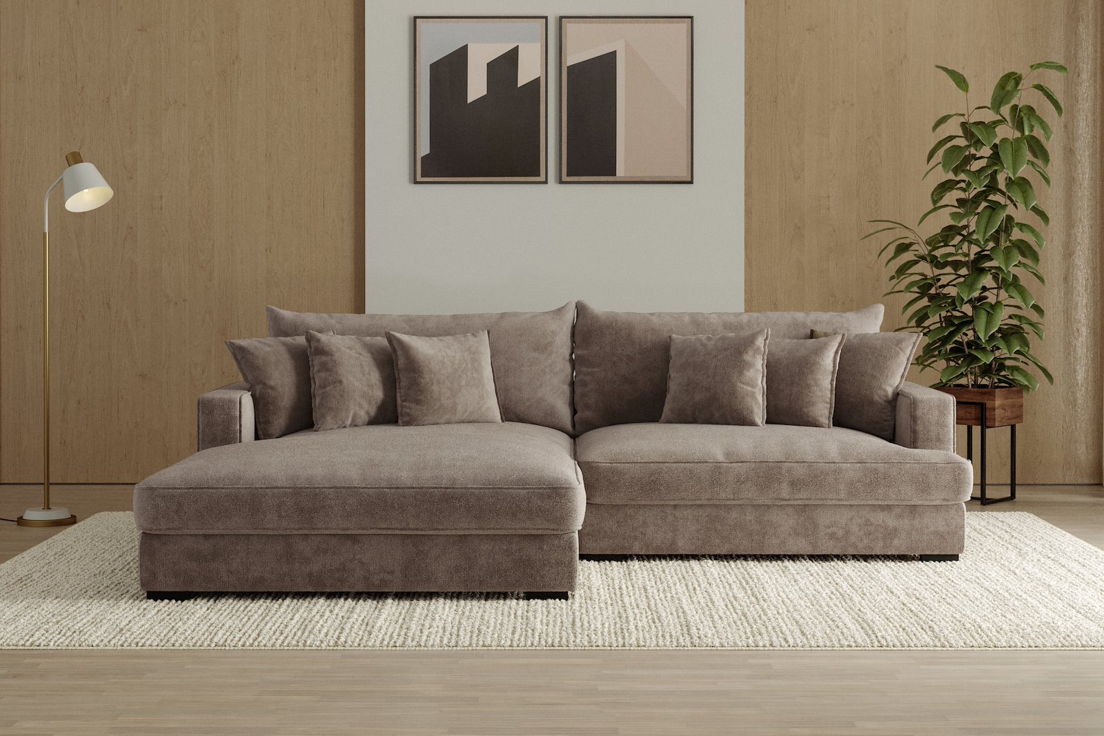 Rossi 2-seter med XL sjeselong venstre Tekstil Genesis 6 Mink, arm A med sorte ben. Std. Komfort.